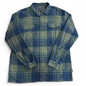 Patagonia Men's Blue and Green Plaid Fjord Long Sleeve Flannel Shirt Size XL